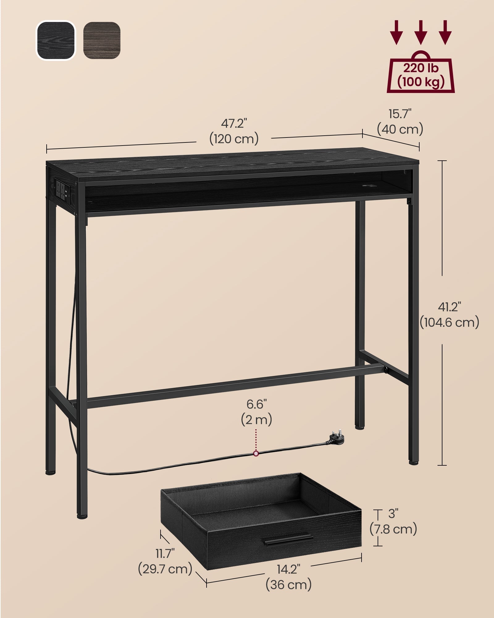 Pub Table – Wood – Ebony Black – With Charging Station and Movable Drawer