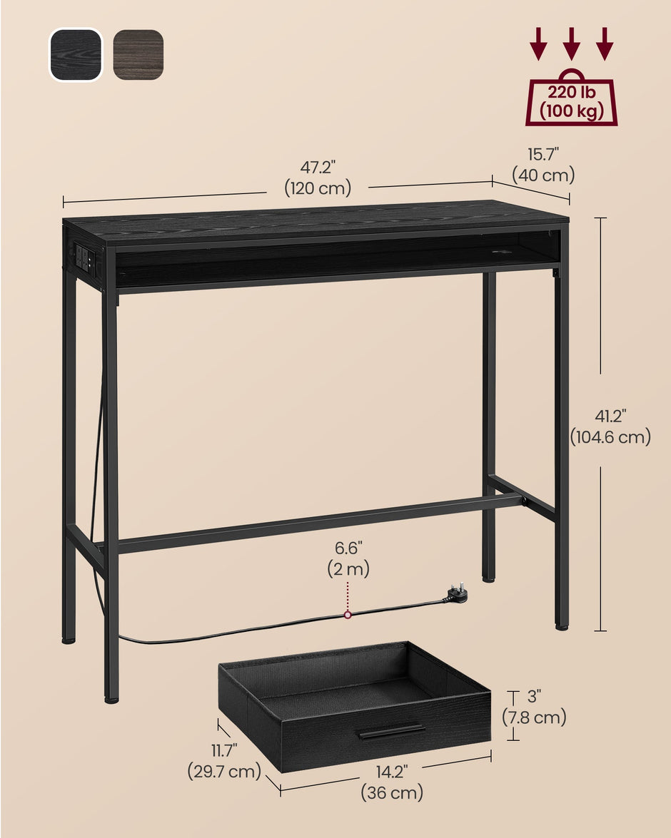 Pub Table – Wood – Ebony Black – With Charging Station and Movable Drawer