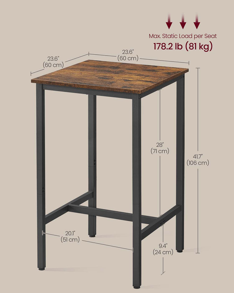 Square Tall Bar Table – Steel – Rustic Brown and Black – Heavy-Duty Frame, Easy Assembly