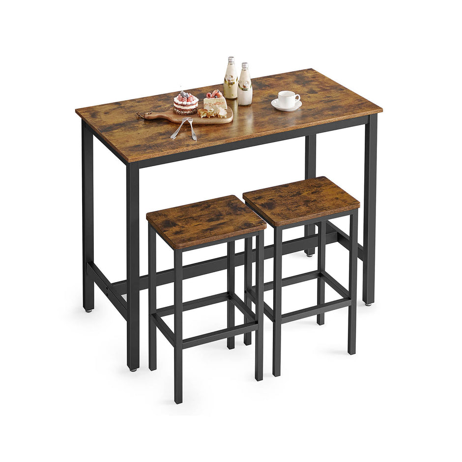 Bar Table Set – Wood – Rustic Brown – Includes 2 Bar Stools