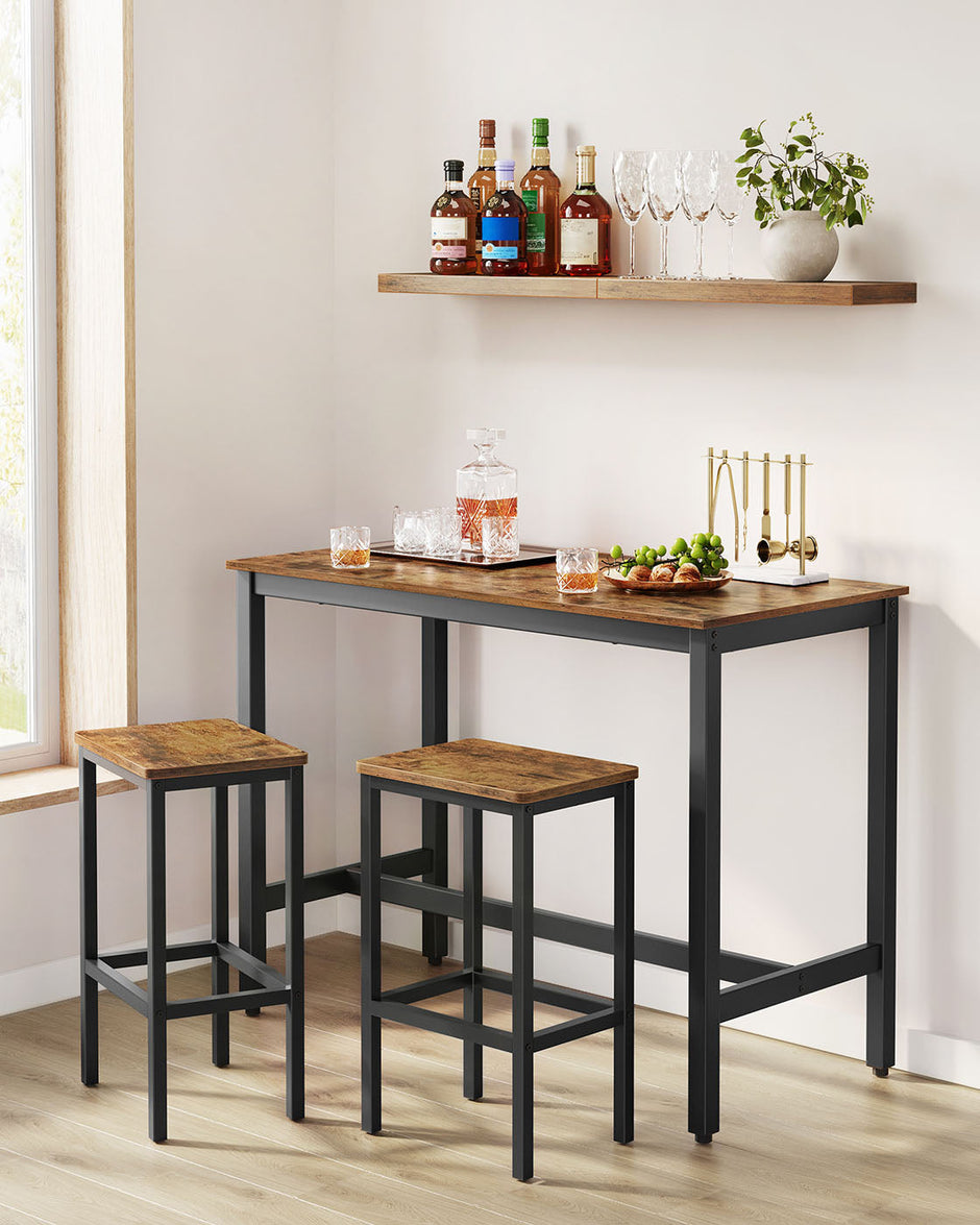 Bar Table Set – Wood – Rustic Brown – Includes 2 Bar Stools