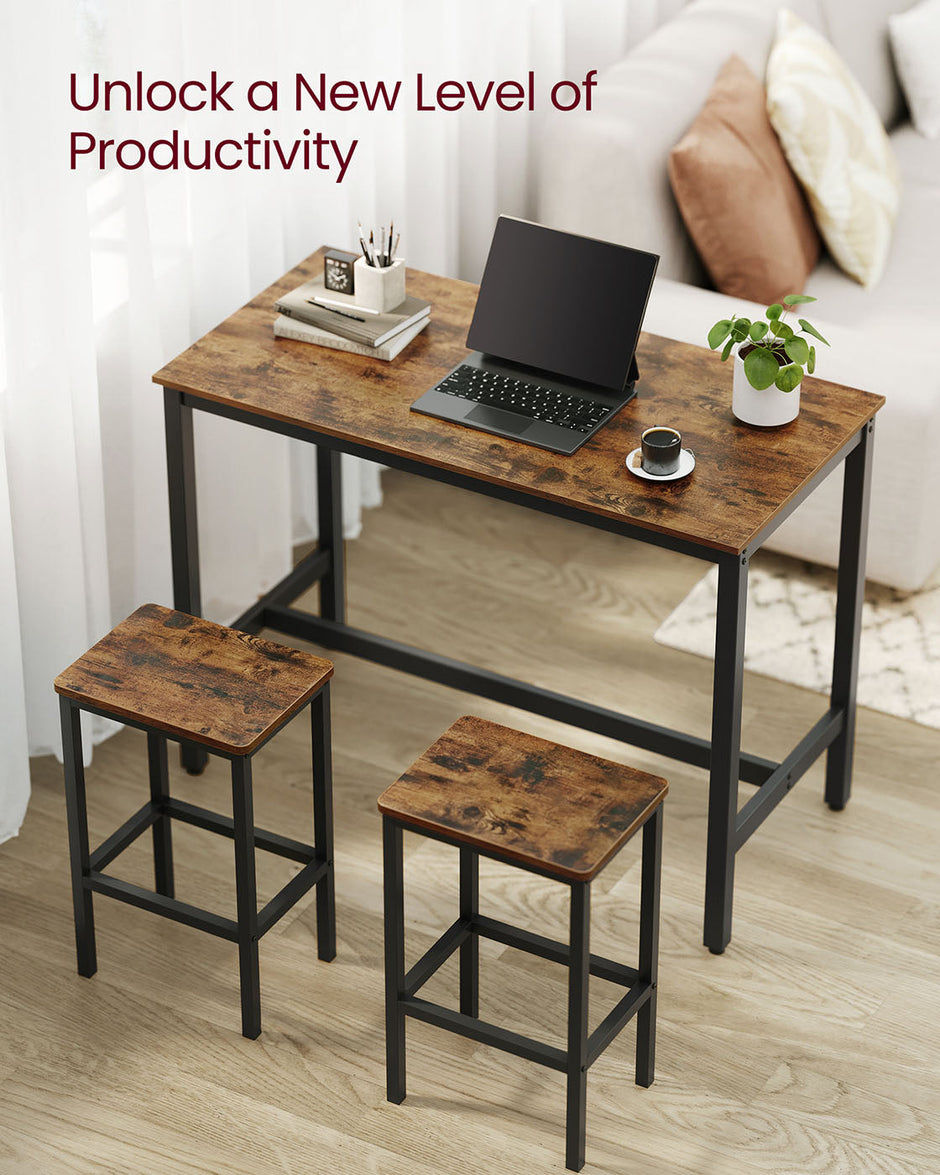 Bar Table Set – Wood – Rustic Brown – Includes 2 Bar Stools