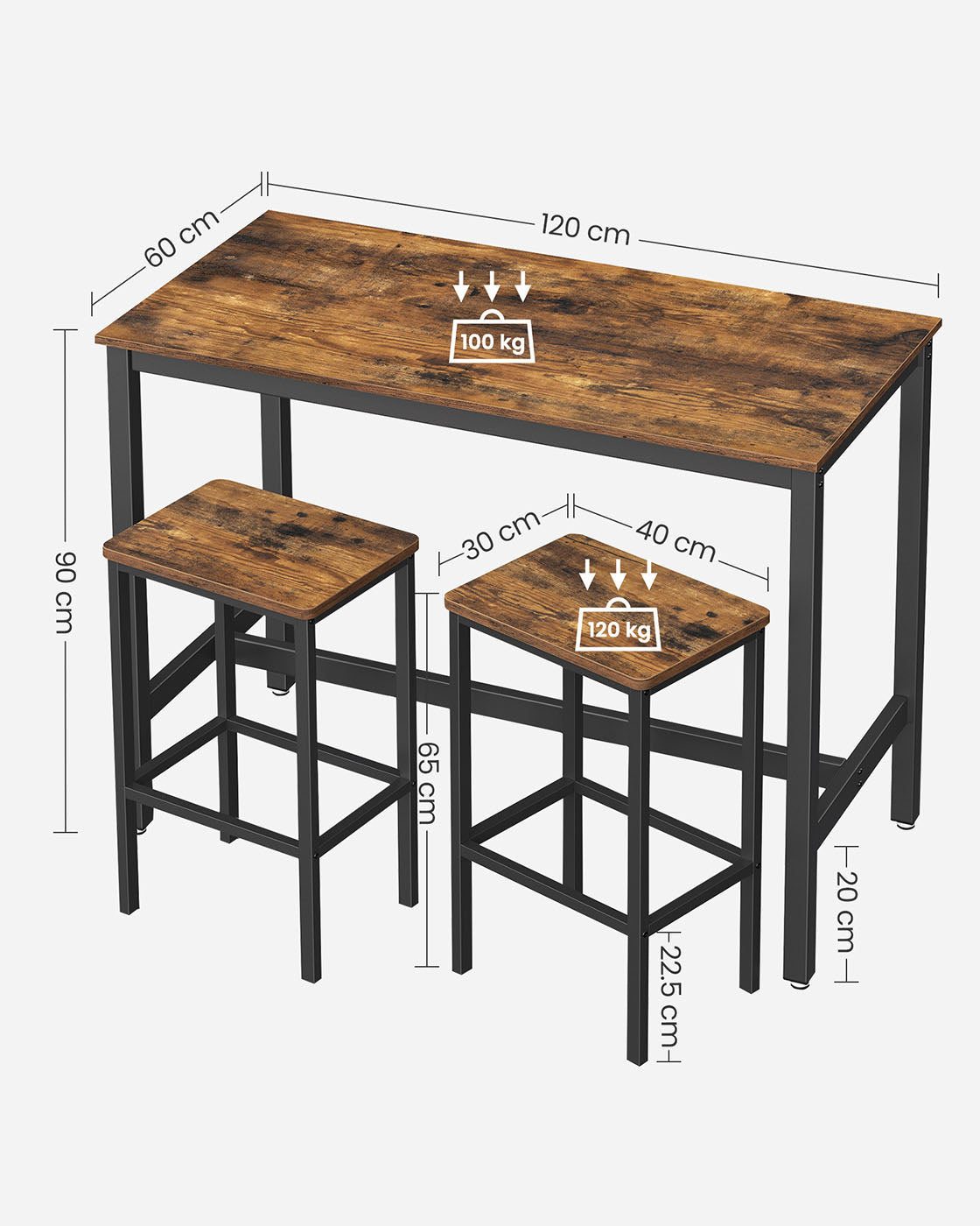 Bar Table Set – Wood – Rustic Brown – Includes 2 Bar Stools