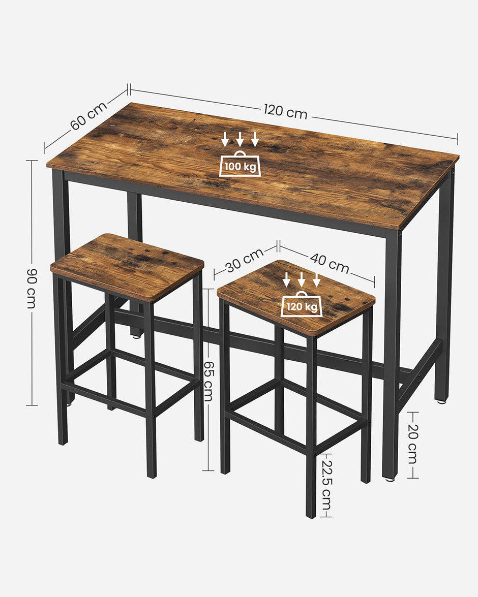 Bar Table Set – Wood – Rustic Brown – Includes 2 Bar Stools