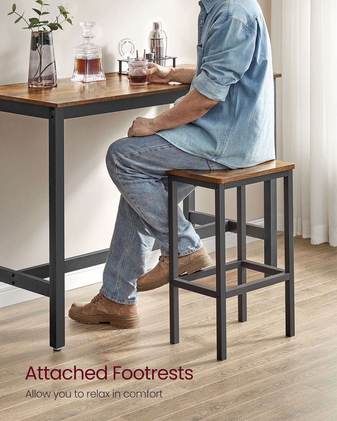 Bar Table Set – Wood – Rustic Brown – Includes 2 Bar Stools