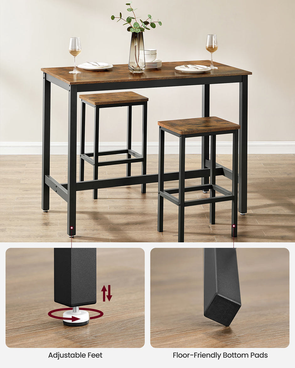 Bar Table Set – Wood – Rustic Brown – Includes 2 Bar Stools