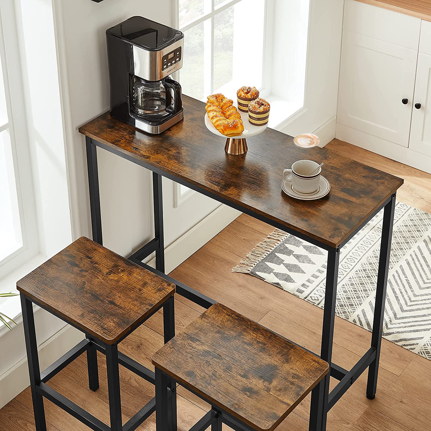Bar Table Set – Steel – Rustic Brown and Black – Includes 2 Stools