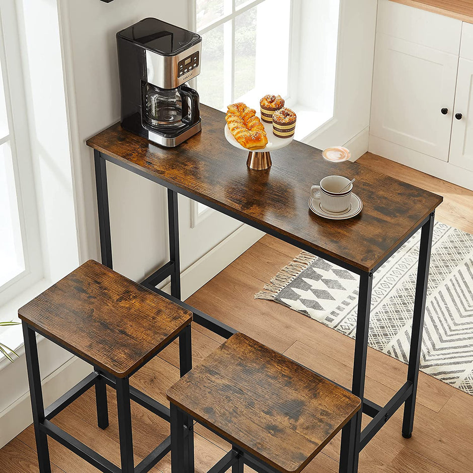 Bar Table Set – Steel – Rustic Brown and Black – Includes 2 Stools