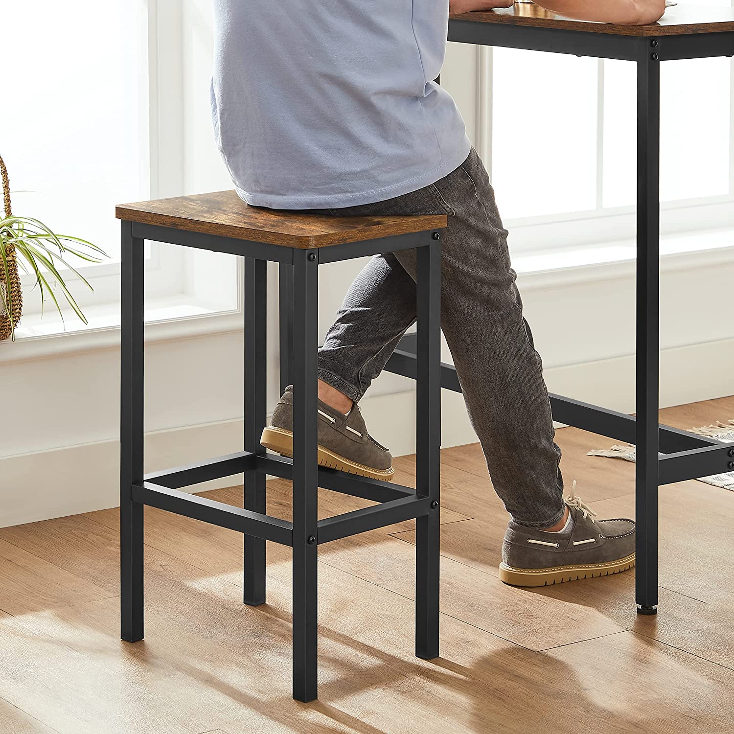 Bar Table Set – Steel – Rustic Brown and Black – Includes 2 Stools