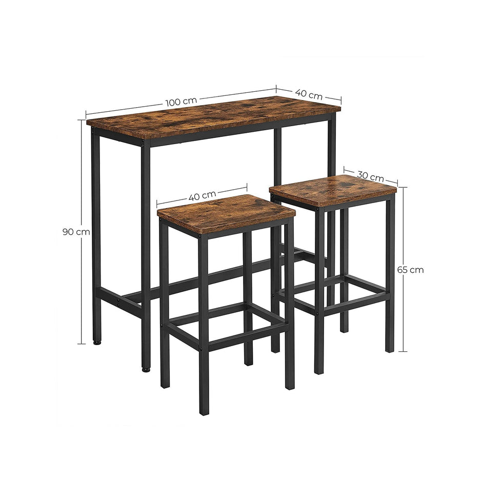 Bar Table Set – Steel – Rustic Brown and Black – Includes 2 Stools