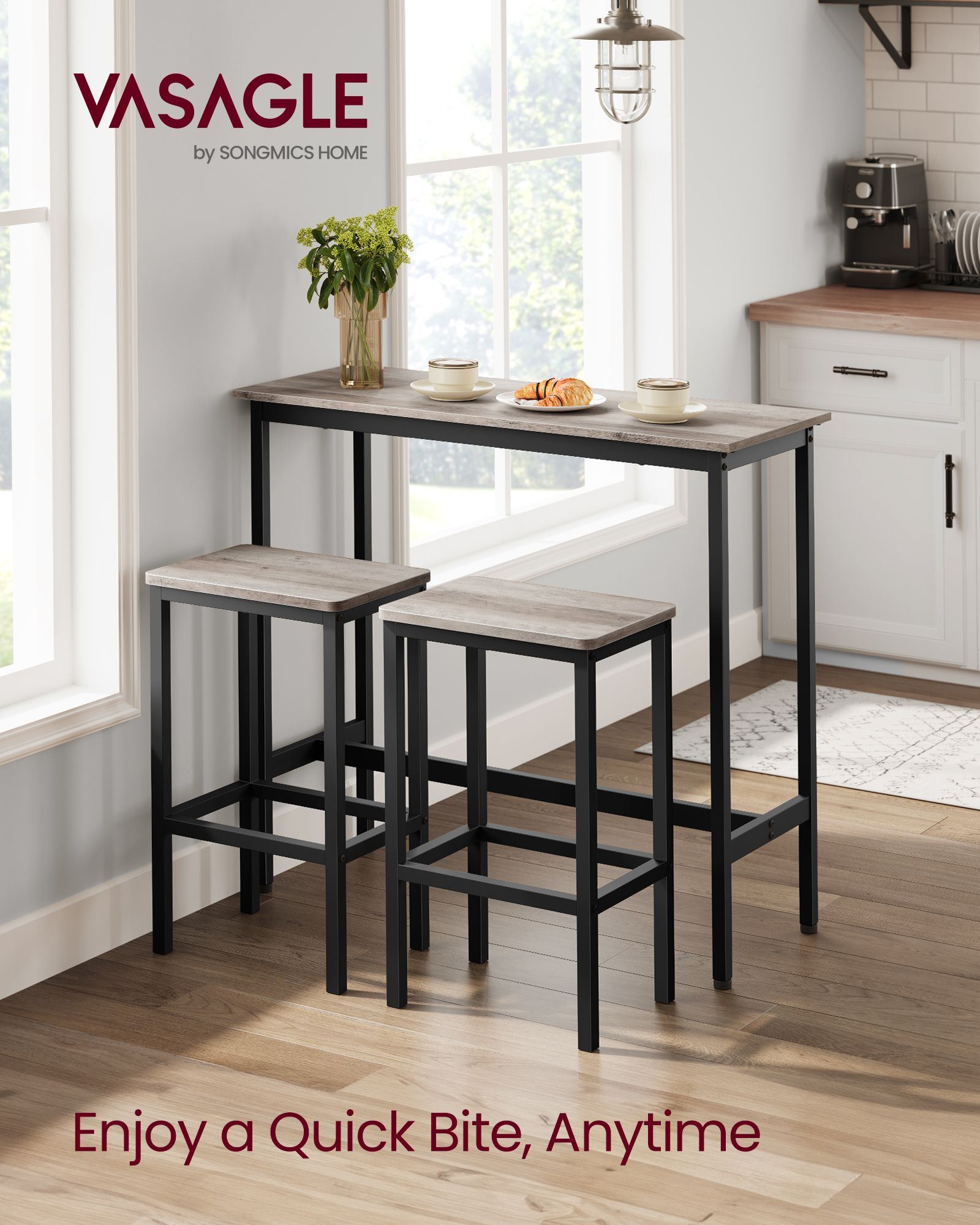 Dining Table Set – Steel Frame – Heather Greige and Ink Black – Includes Bar Table and Stools Set of 2