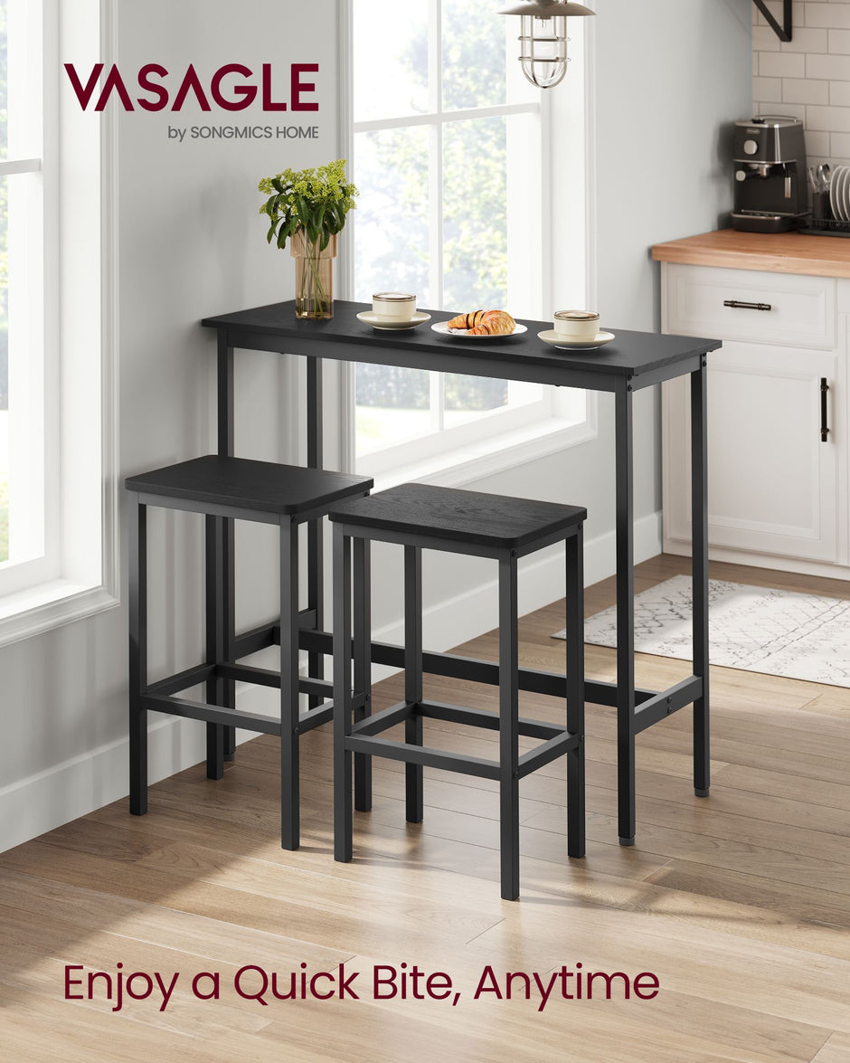 Dining Table Set – Steel Frame – Ebony Black and Rustic Brown – Includes Bar Table and 2 Stools