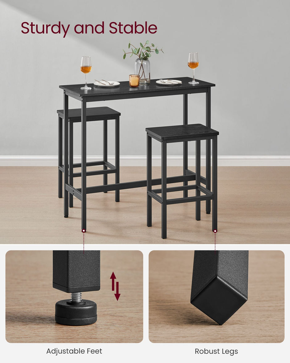 Dining Table Set – Steel Frame – Ebony Black and Rustic Brown – Includes Bar Table and 2 Stools
