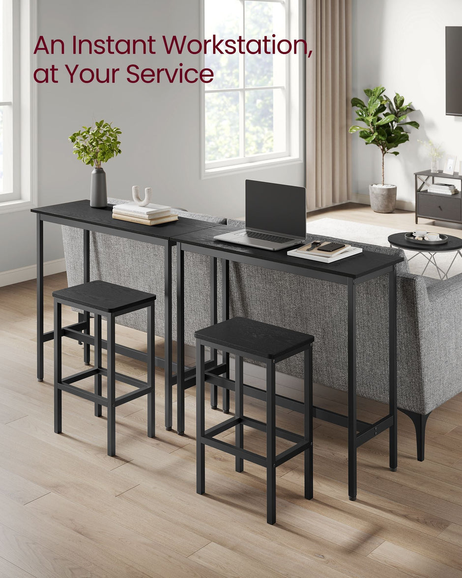 Dining Table Set – Steel Frame – Ebony Black and Rustic Brown – Includes Bar Table and 2 Stools