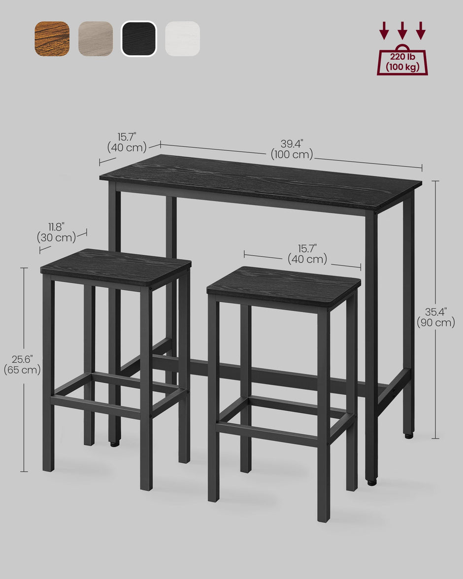 Dining Table Set – Steel Frame – Ebony Black and Rustic Brown – Includes Bar Table and 2 Stools