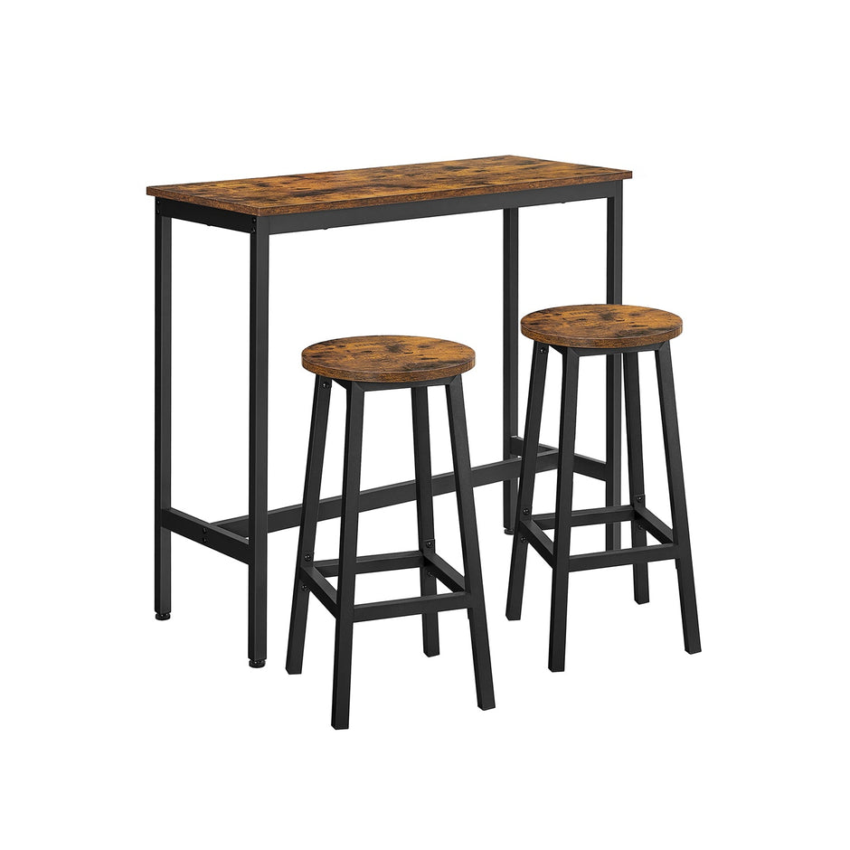 Bar Table Set – Industrial Steel Frame – Rustic Brown and Black – Includes Two Bar Stools