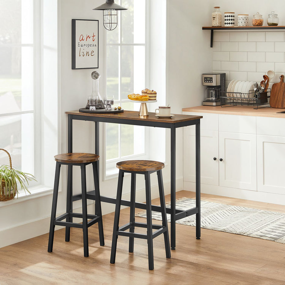 Bar Table Set – Industrial Steel Frame – Rustic Brown and Black – Includes Two Bar Stools