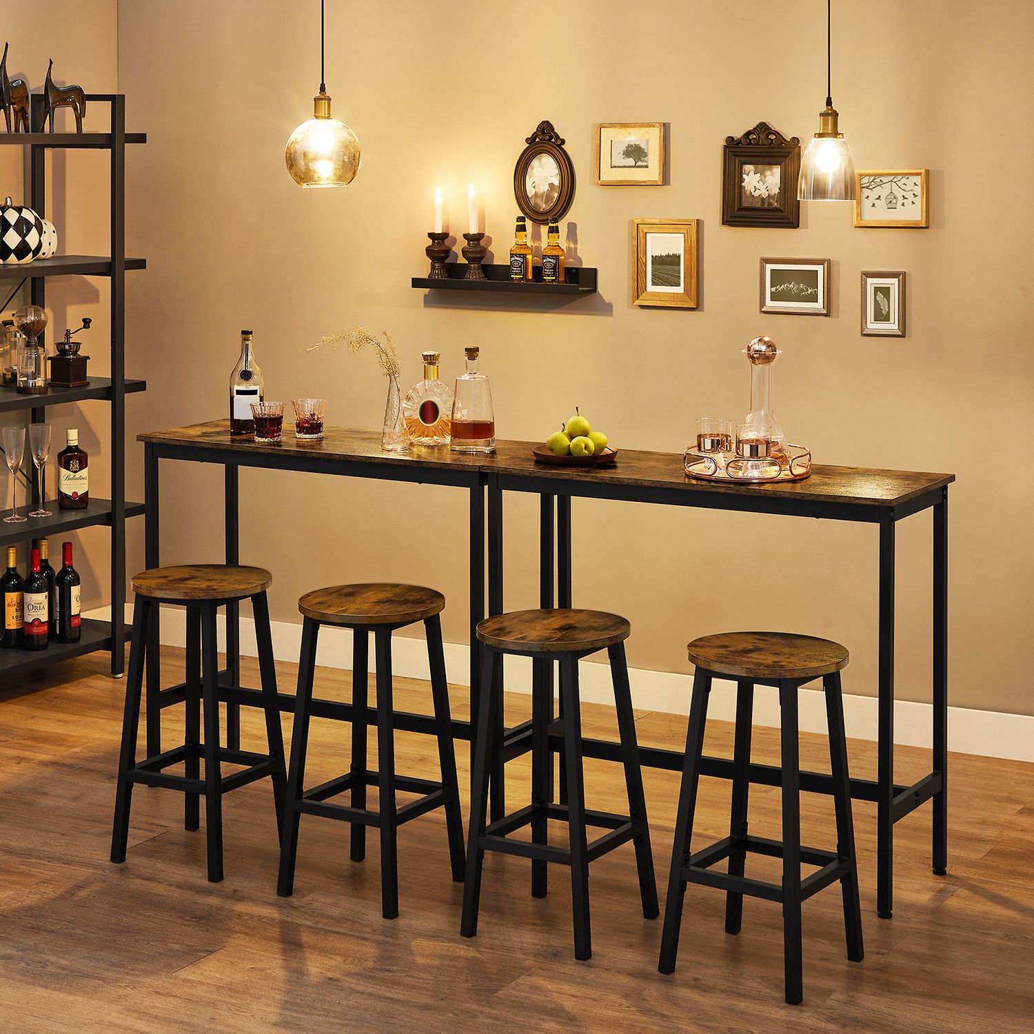 Bar Table Set – Industrial Steel Frame – Rustic Brown and Black – Includes Two Bar Stools