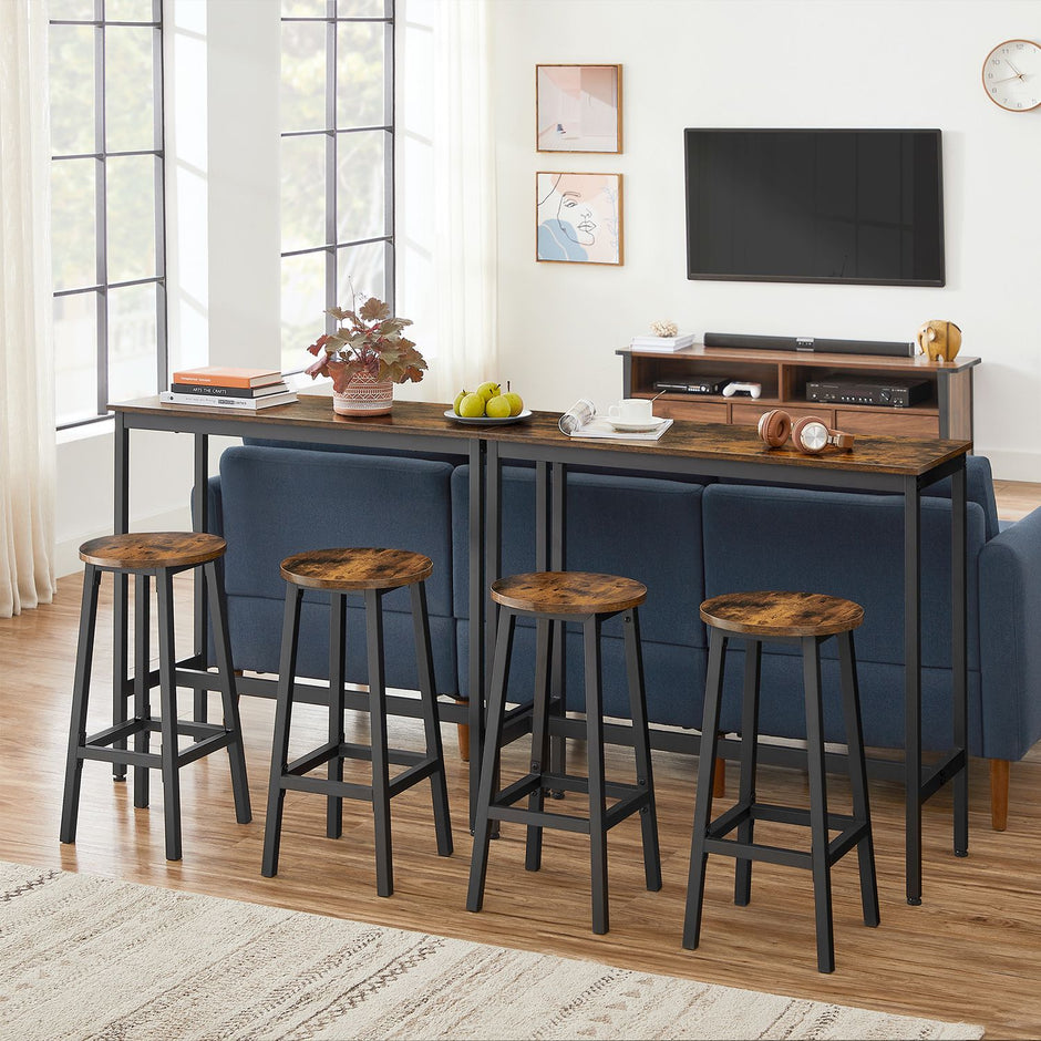 Bar Table Set – Industrial Steel Frame – Rustic Brown and Black – Includes Two Bar Stools