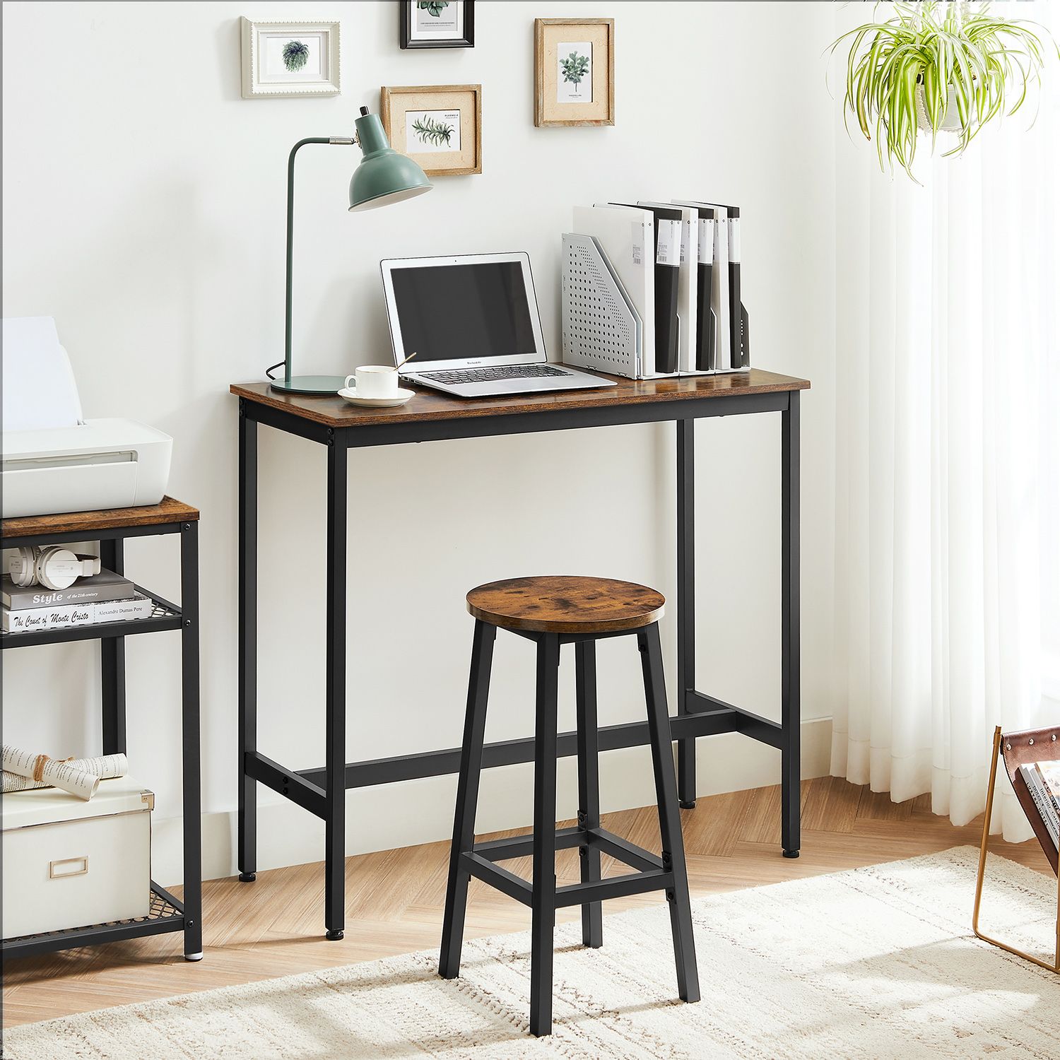 Bar Table Set – Industrial Steel Frame – Rustic Brown and Black – Includes Two Bar Stools