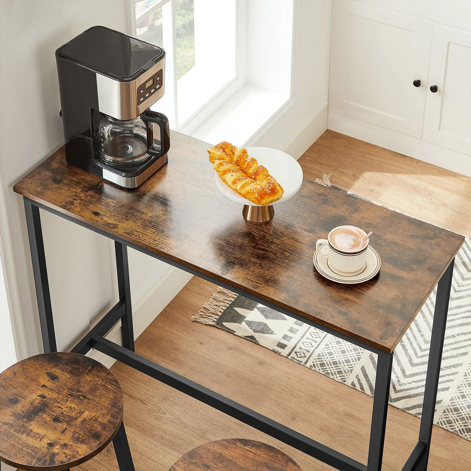 Bar Table Set – Industrial Steel Frame – Rustic Brown and Black – Includes Two Bar Stools