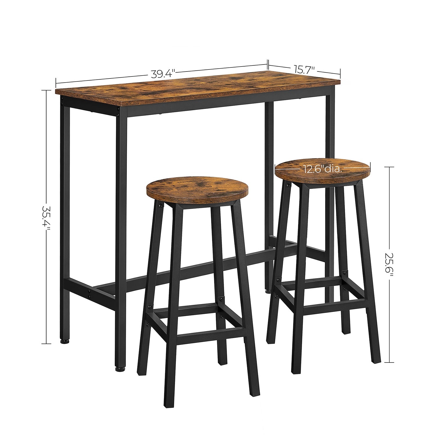 Bar Table Set – Industrial Steel Frame – Rustic Brown and Black – Includes Two Bar Stools