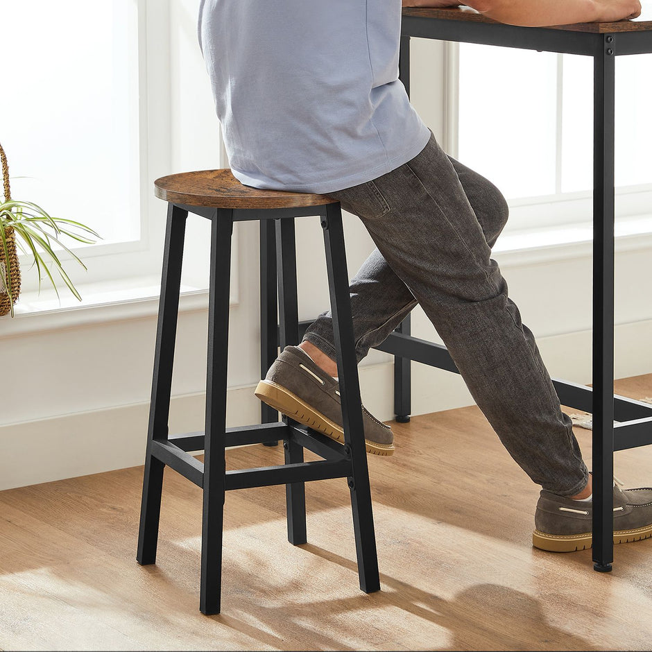 Bar Table Set – Industrial Steel Frame – Rustic Brown and Black – Includes Two Bar Stools