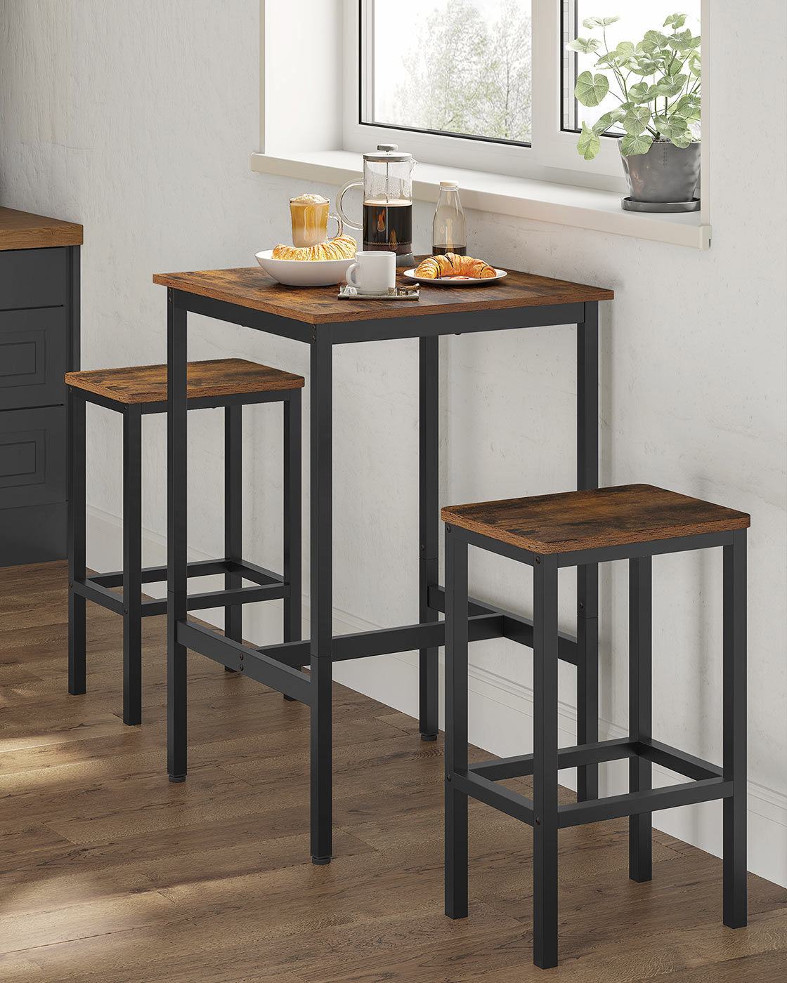 Bar Table – Steel Frame – Rustic Brown and Black – Square, Easy Assembly, Industrial Style