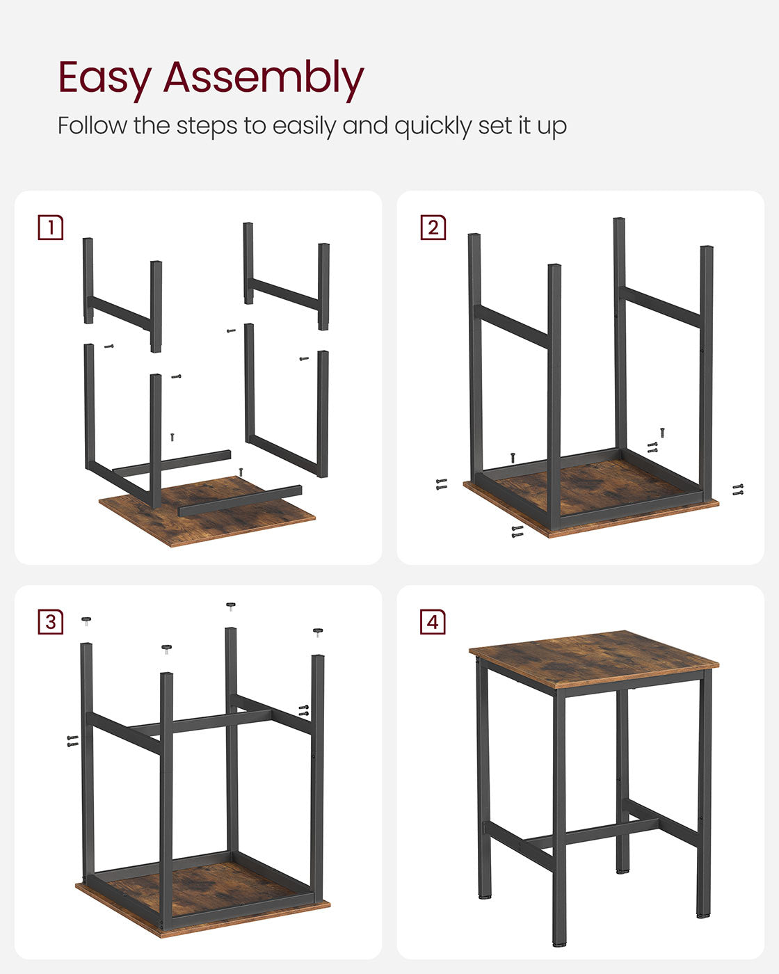 Bar Table – Steel Frame – Rustic Brown and Black – Square, Easy Assembly, Industrial Style