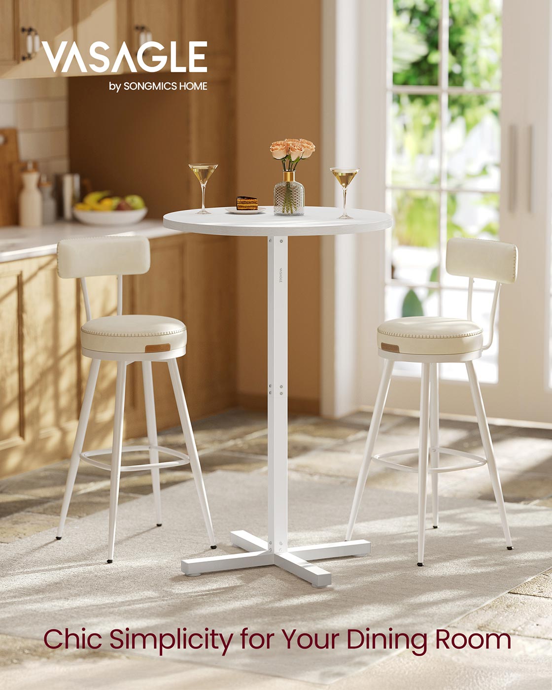 Bar Table – Metal – Snow White – High Dining, Cross Base, Easy to Assemble, Seats 2-3 People