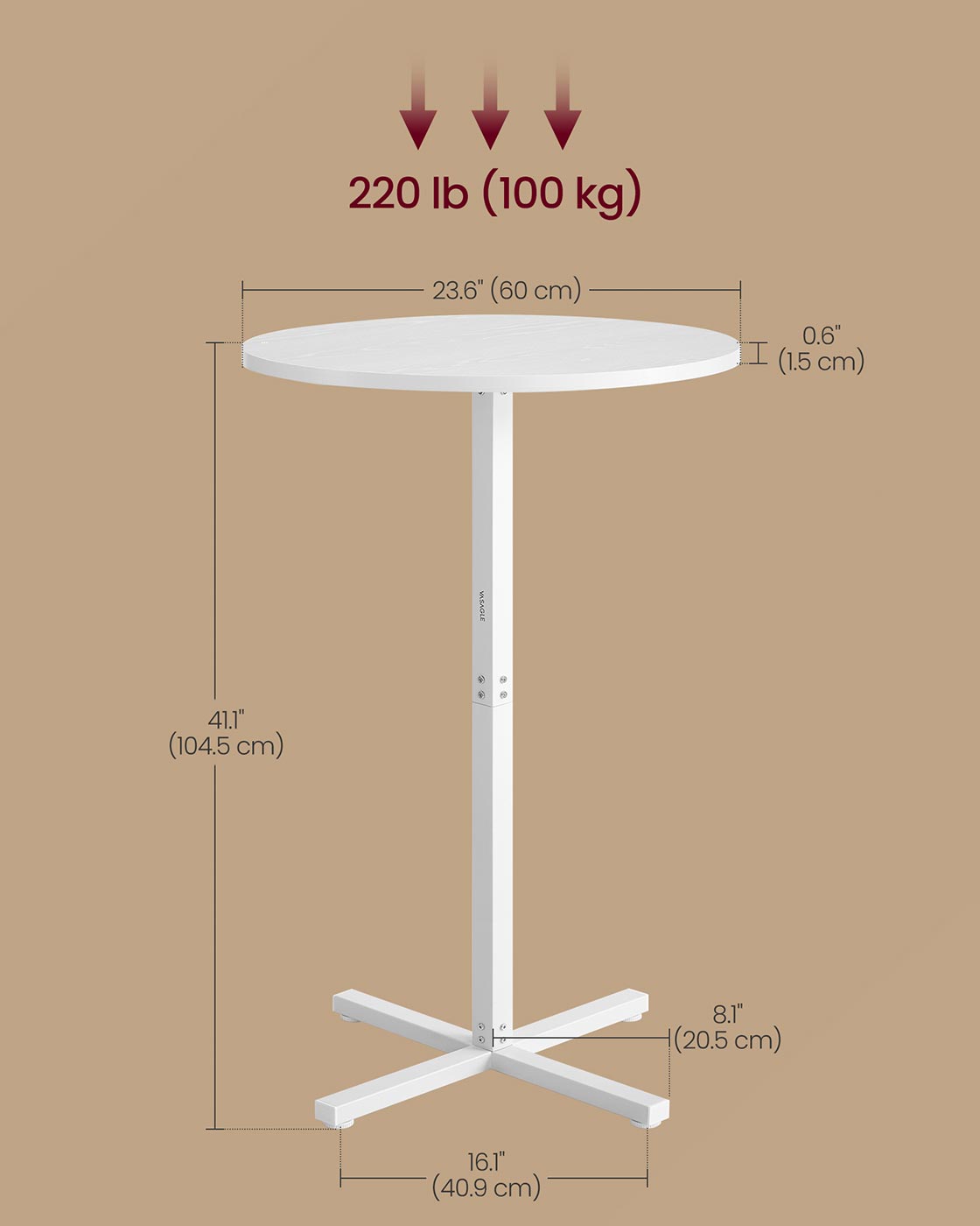 Bar Table – Metal – Snow White – High Dining, Cross Base, Easy to Assemble, Seats 2-3 People