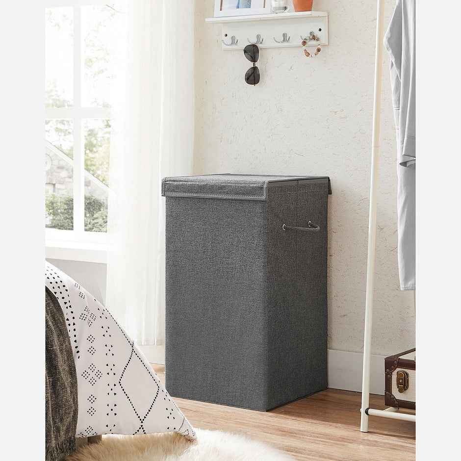 Laundry Basket – Linen-Look Fabric – Dark Grey – 85L Capacity with Magnetic Lid and Removable Liner Bag