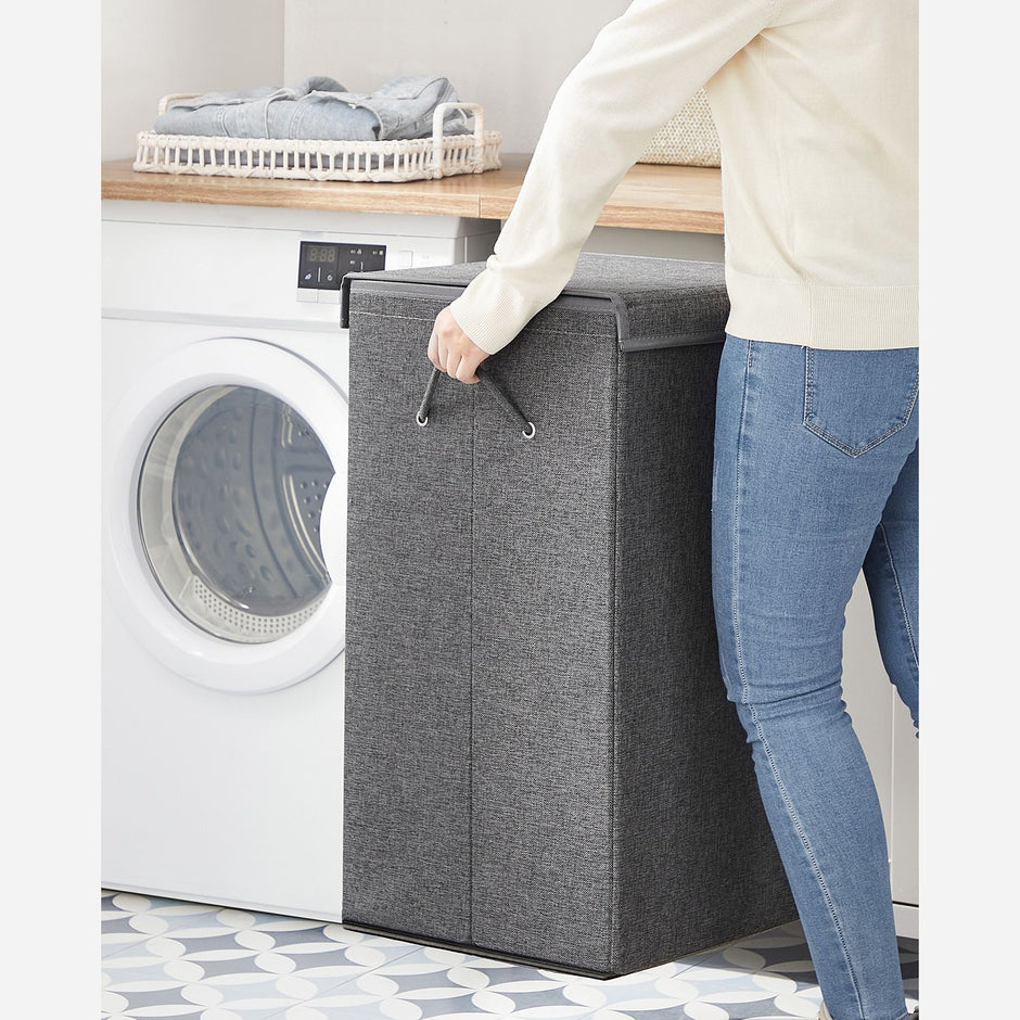 Laundry Basket – Linen-Look Fabric – Dark Grey – 85L Capacity with Magnetic Lid and Removable Liner Bag