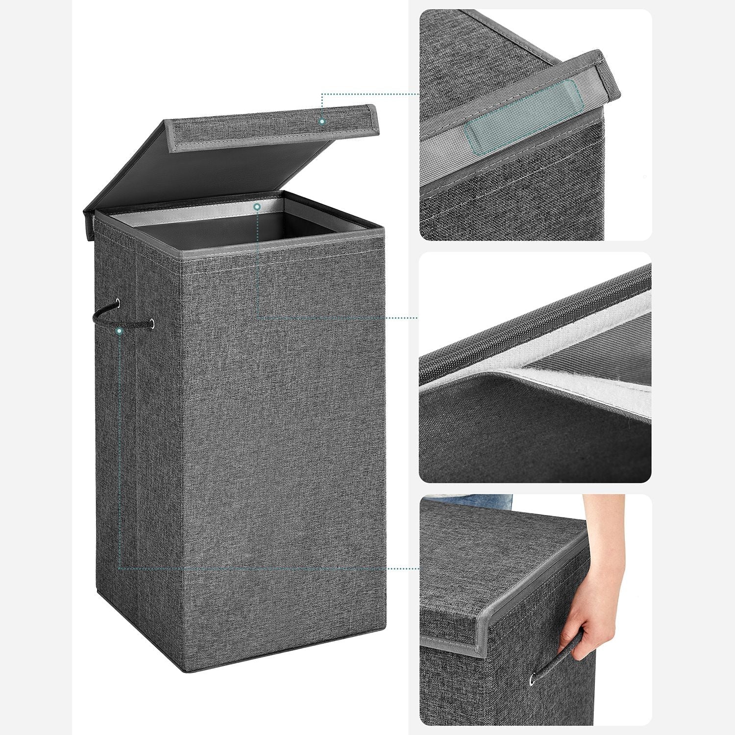 Laundry Basket – Linen-Look Fabric – Dark Grey – 85L Capacity with Magnetic Lid and Removable Liner Bag