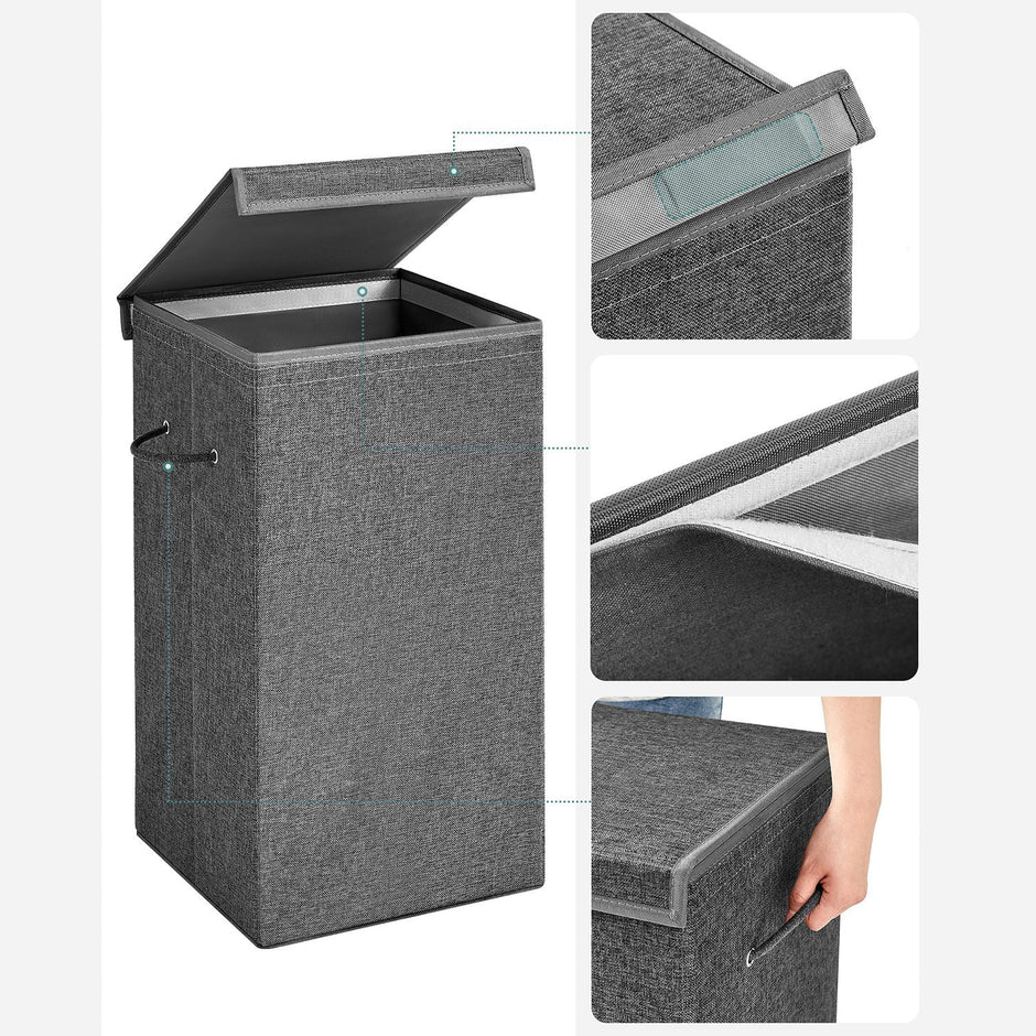 Laundry Basket – Linen-Look Fabric – Dark Grey – 85L Capacity with Magnetic Lid and Removable Liner Bag