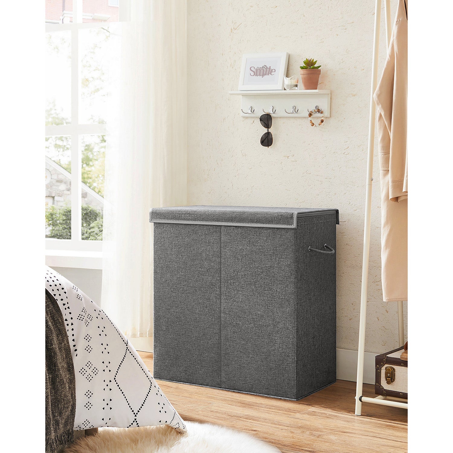 Laundry Basket – Linen-Look Fabric – Dark Grey – 2-Compartment with Magnetic Lid and Collapsible Design