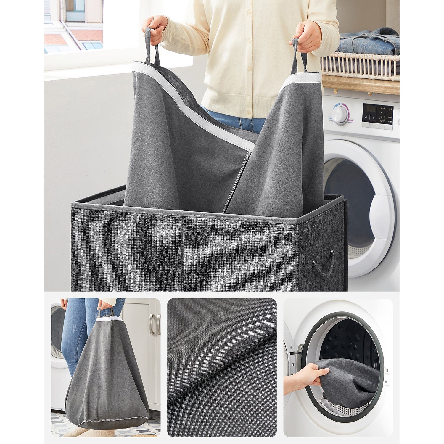 Laundry Basket – Linen-Look Fabric – Dark Grey – 2-Compartment with Magnetic Lid and Collapsible Design