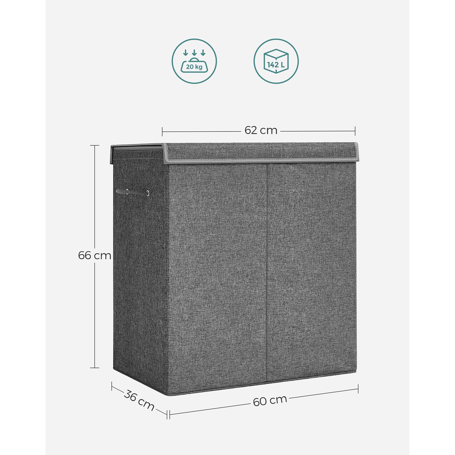 Laundry Basket – Linen-Look Fabric – Dark Grey – 2-Compartment with Magnetic Lid and Collapsible Design