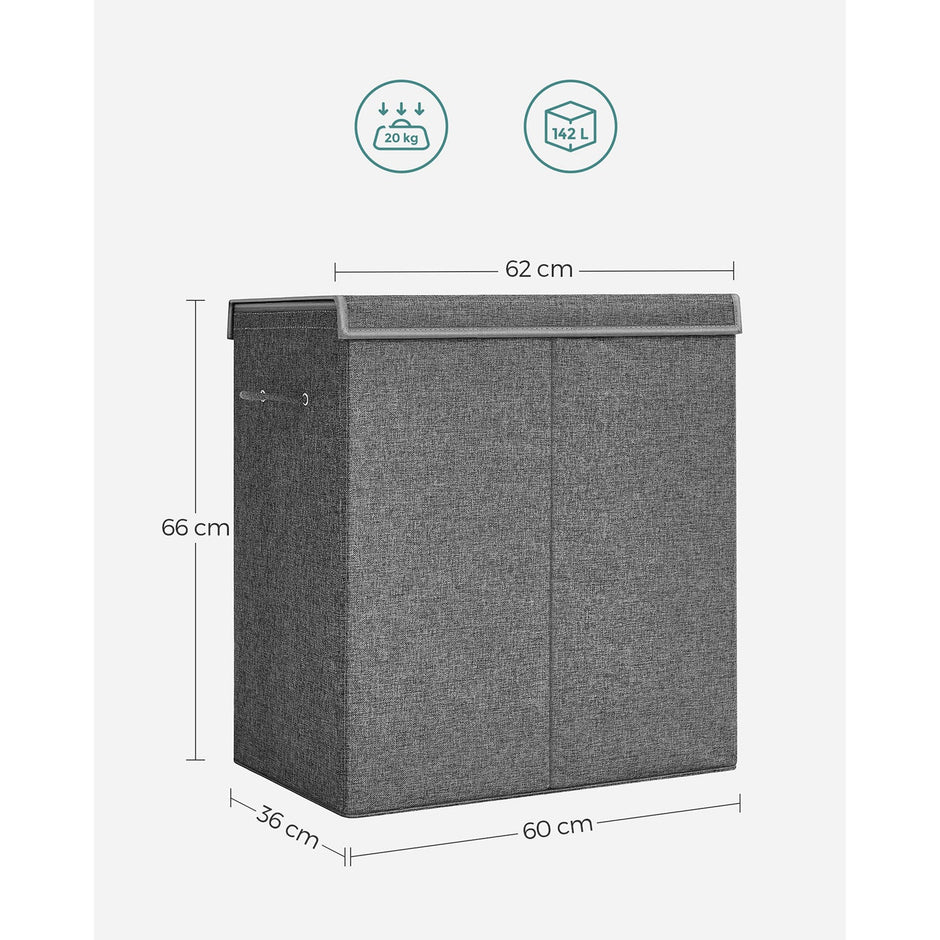 Laundry Basket – Linen-Look Fabric – Dark Grey – 2-Compartment with Magnetic Lid and Collapsible Design