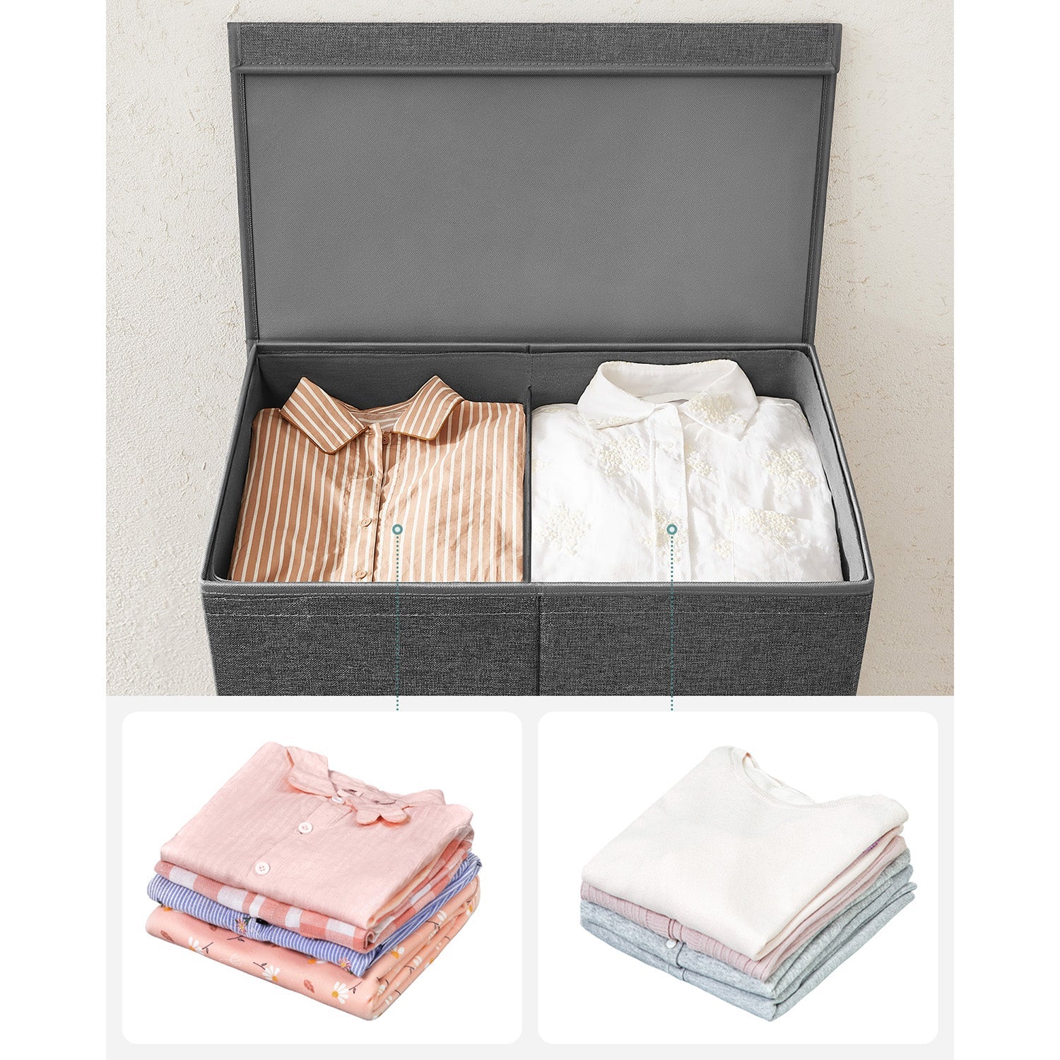 Laundry Basket – Linen-Look Fabric – Dark Grey – 2-Compartment with Magnetic Lid and Collapsible Design