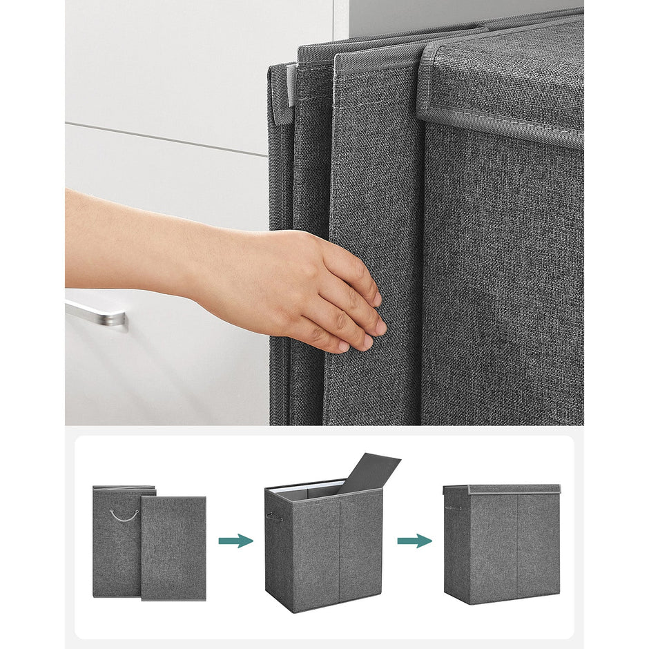 Laundry Basket – Linen-Look Fabric – Dark Grey – 2-Compartment with Magnetic Lid and Collapsible Design