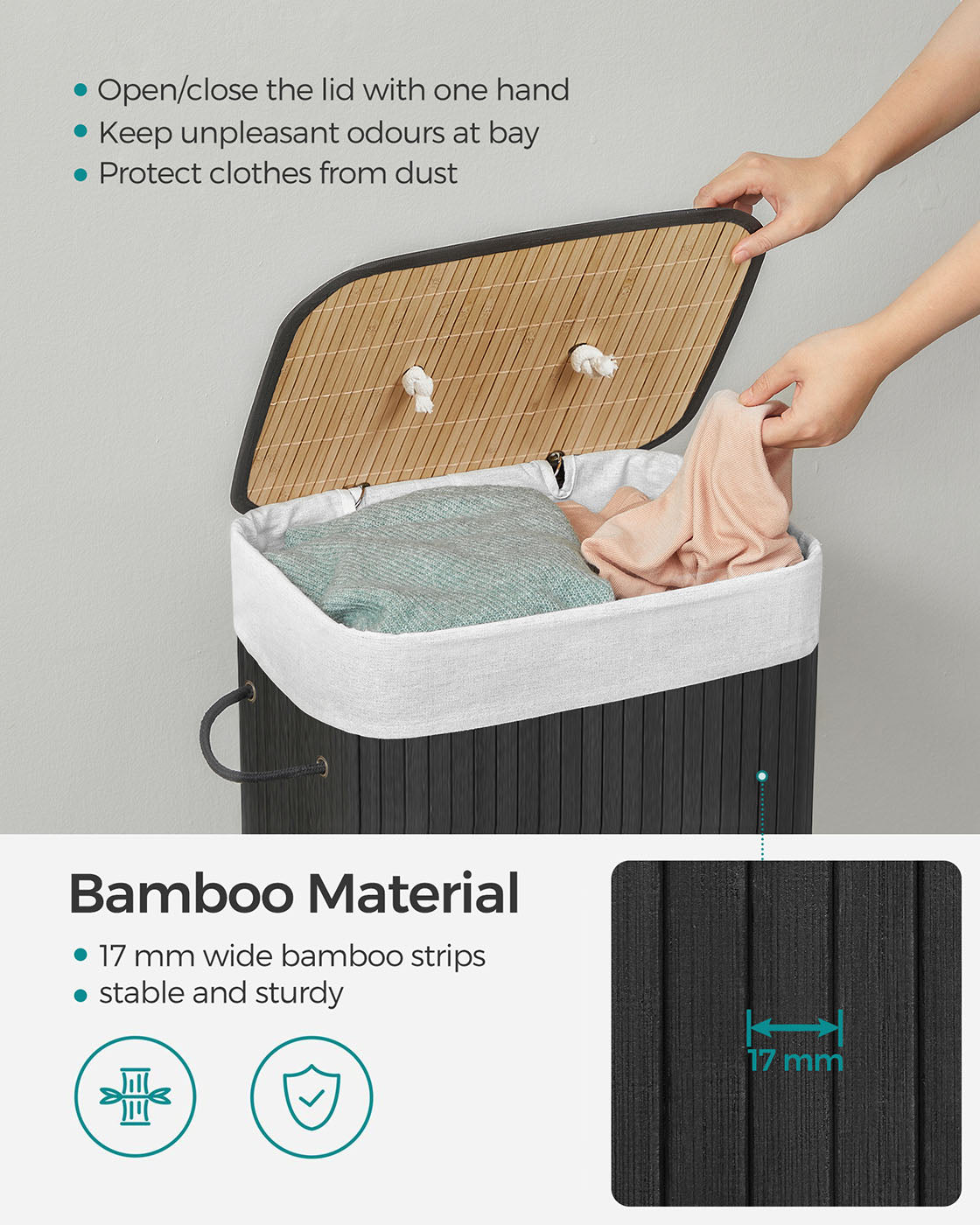 Foldable Laundry Basket – Bamboo – Natural – XL Capacity with Removable Washable Lining
