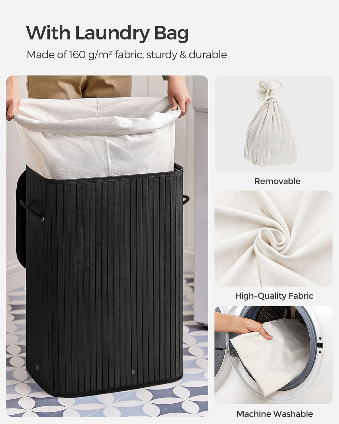 Foldable Laundry Basket – Bamboo – Natural – XL Capacity with Removable Washable Lining