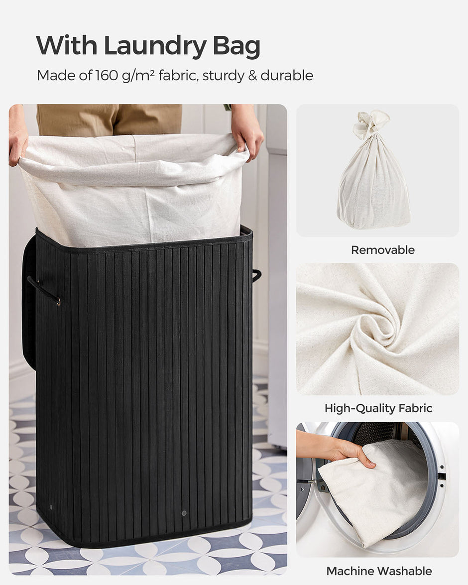 Foldable Laundry Basket – Bamboo – Natural – XL Capacity with Removable Washable Lining