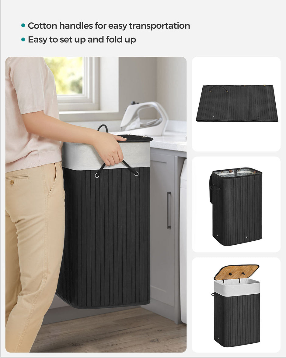 Foldable Laundry Basket – Bamboo – Natural – XL Capacity with Removable Washable Lining