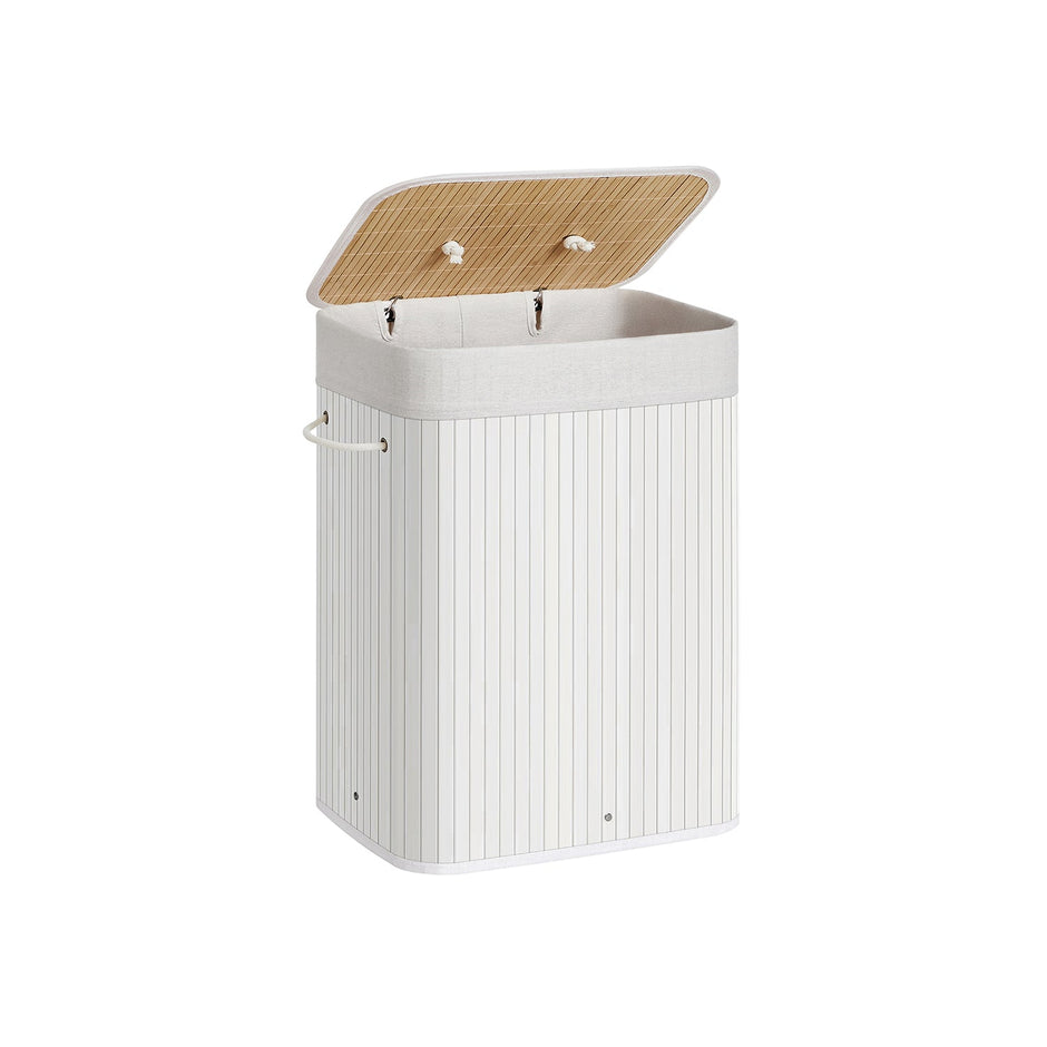 Laundry Basket – Bamboo – Cloud White – Foldable with 3 Handles, 72L