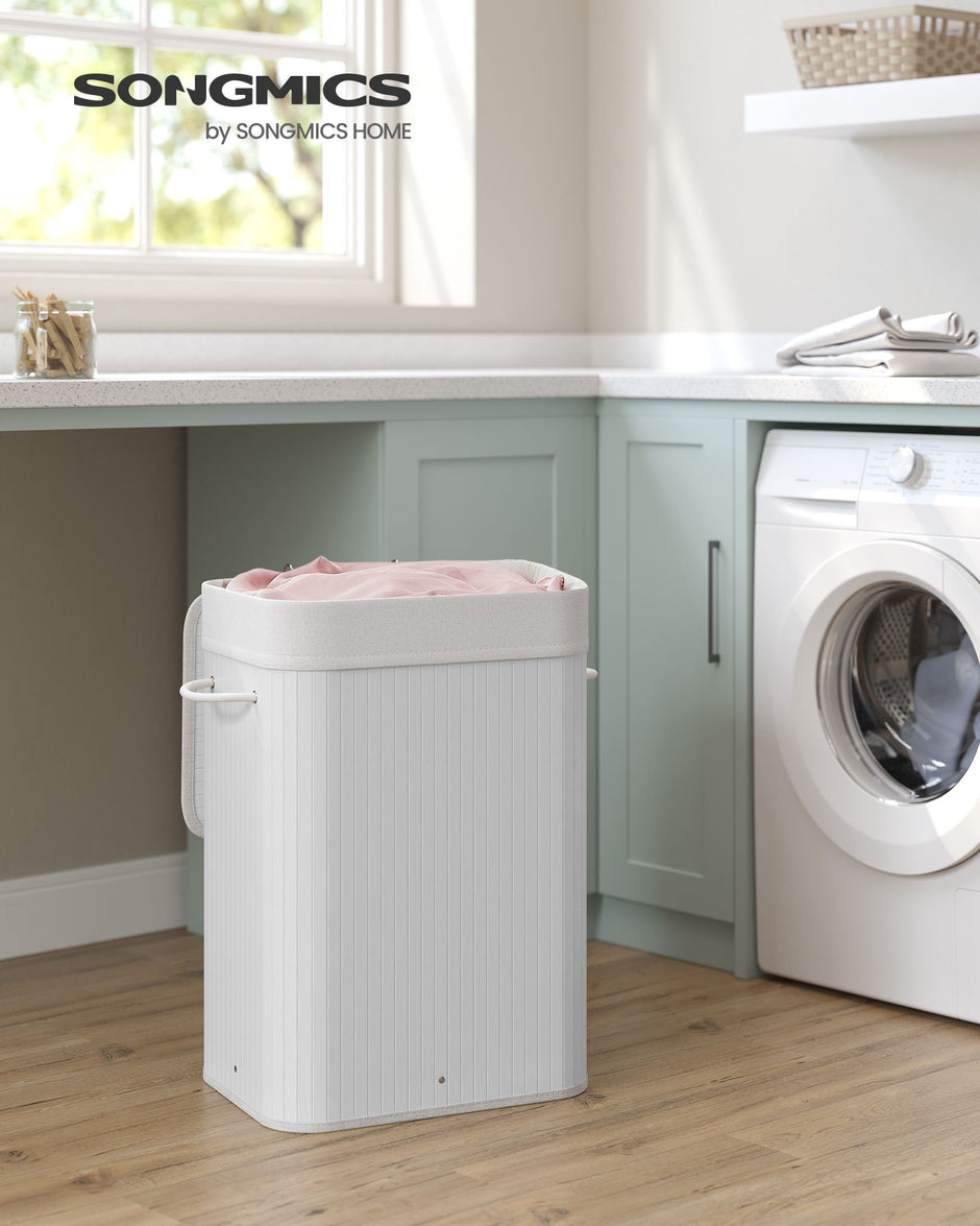 Laundry Basket – Bamboo – Cloud White – Foldable with 3 Handles, 72L
