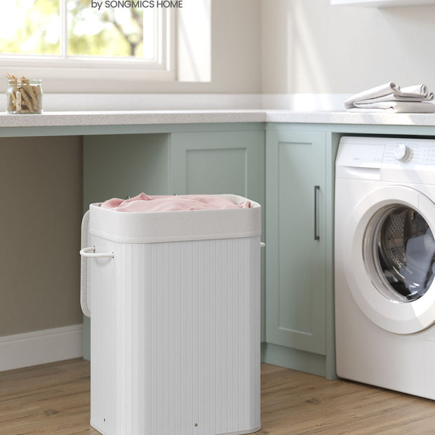 Laundry Basket – Bamboo – Cloud White – Foldable with 3 Handles, 72L