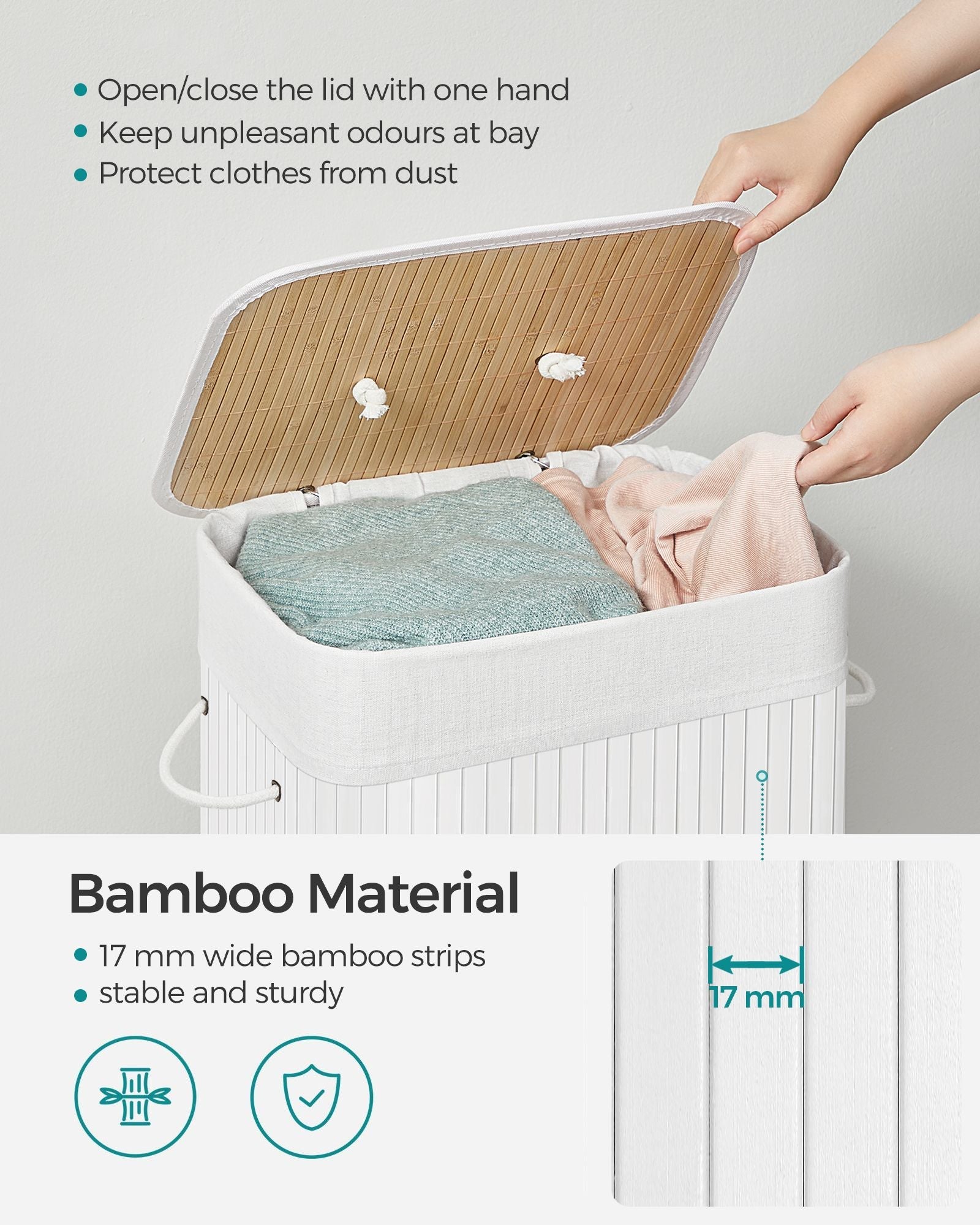 Laundry Basket – Bamboo – Cloud White – Foldable with 3 Handles, 72L