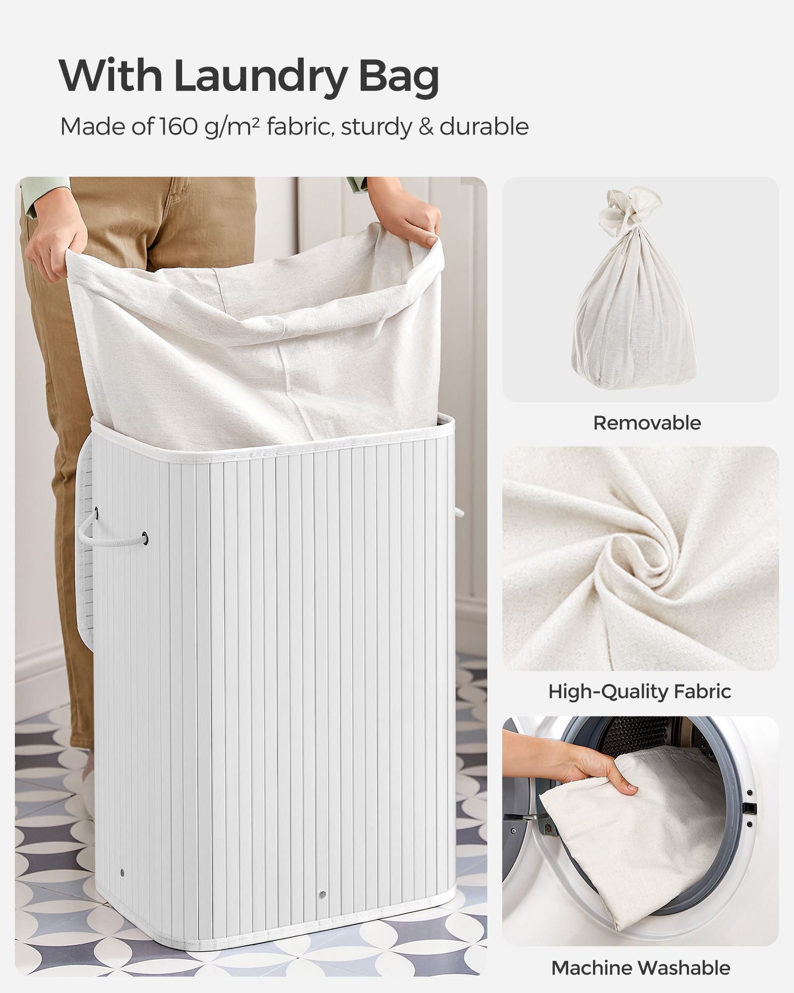 Laundry Basket – Bamboo – Cloud White – Foldable with 3 Handles, 72L